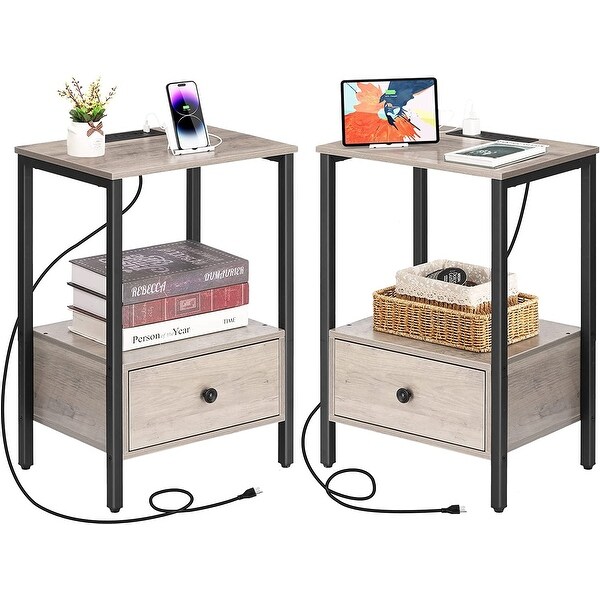 2 PCS Side Table with Charging Station with USB Ports and Power Outlets - - 36970015