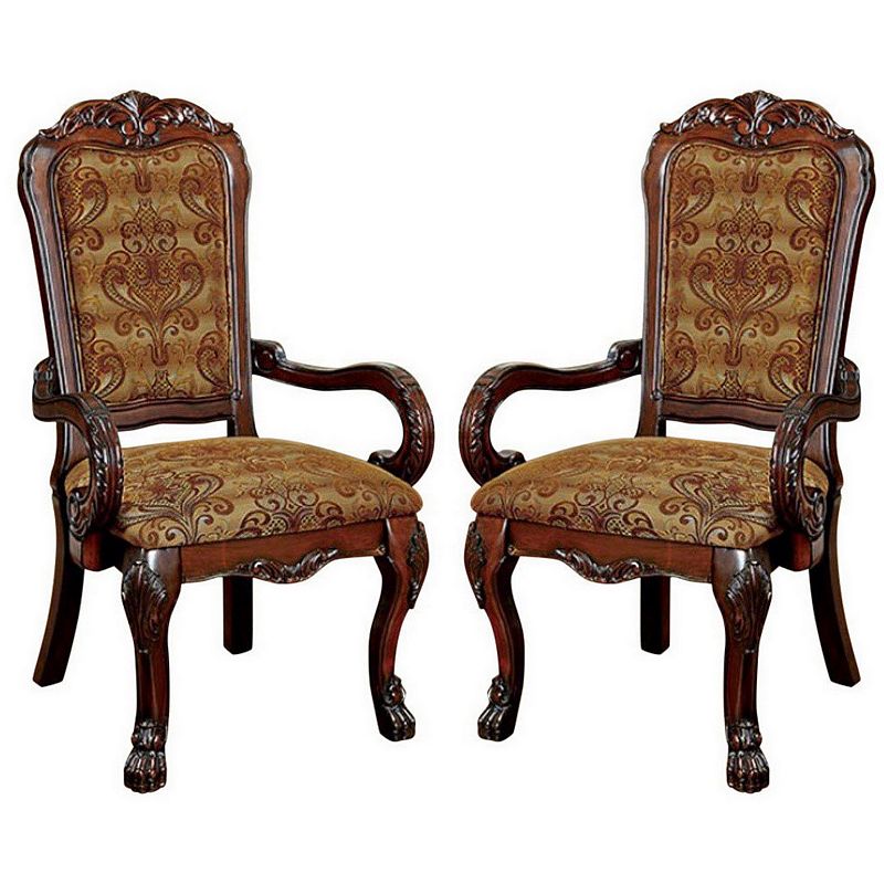 Traditional Fabric Upholstered Arm Chair with Carving， Set of 2， Brown