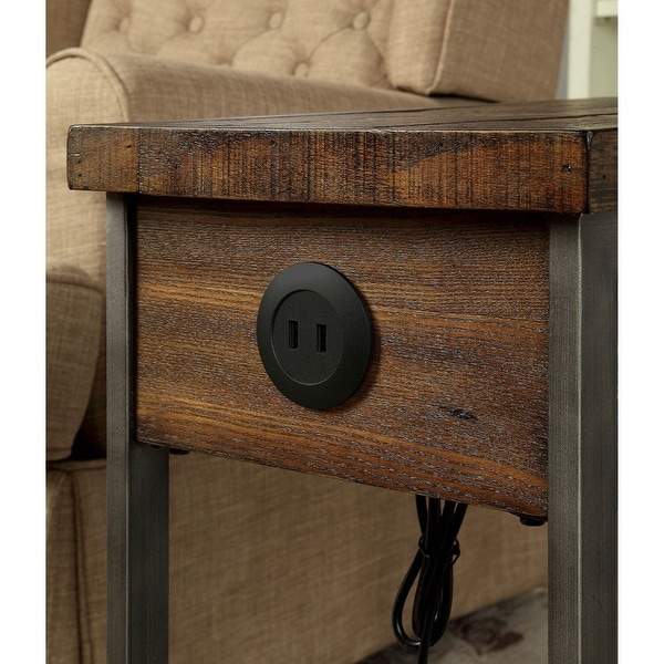 Rectangular Wood and Metal Side Table with USB Outlet， Brown and Gray - 24 H x 20 W x 12 L Inches