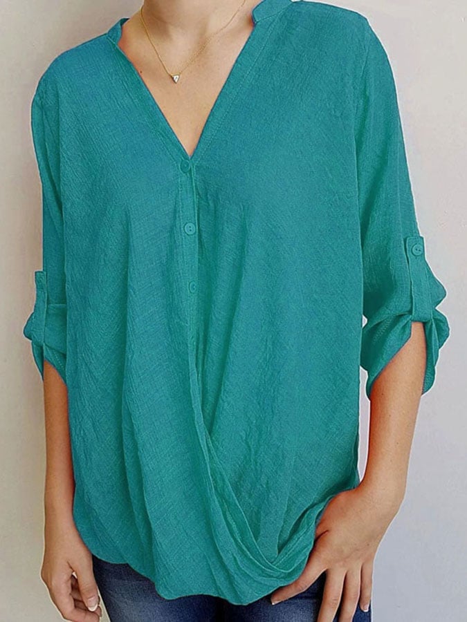 Solid Color V-Neck Blouse