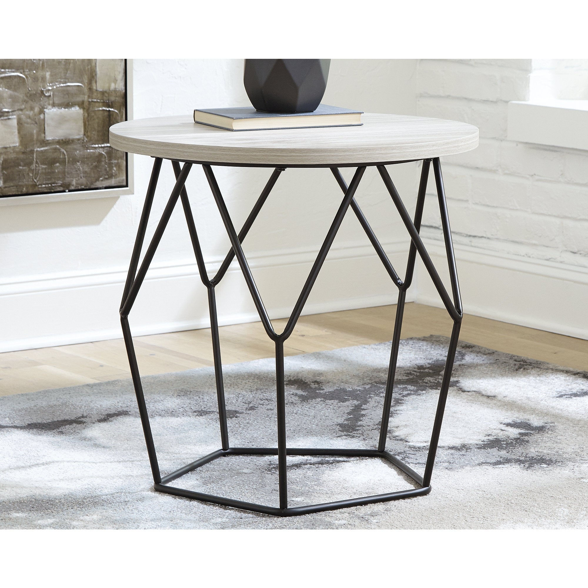 Waylowe Contemporary Light Brown/Black Round End Table - 24