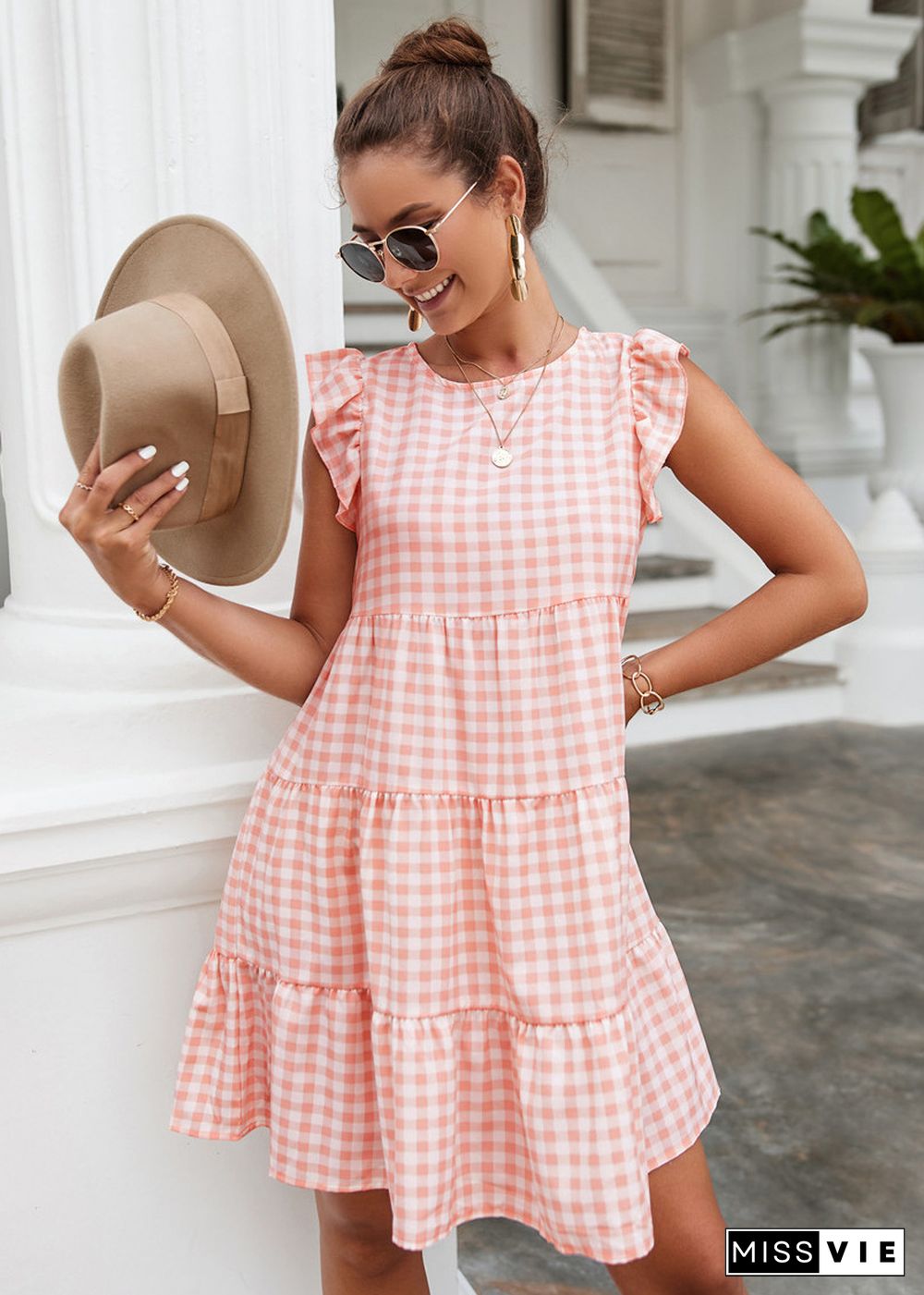 Elegant Fashion Women Summer Dress New O-neck Short Ruffle Sleeve Plaid Dress A-line Mini Dresses For Women Casual