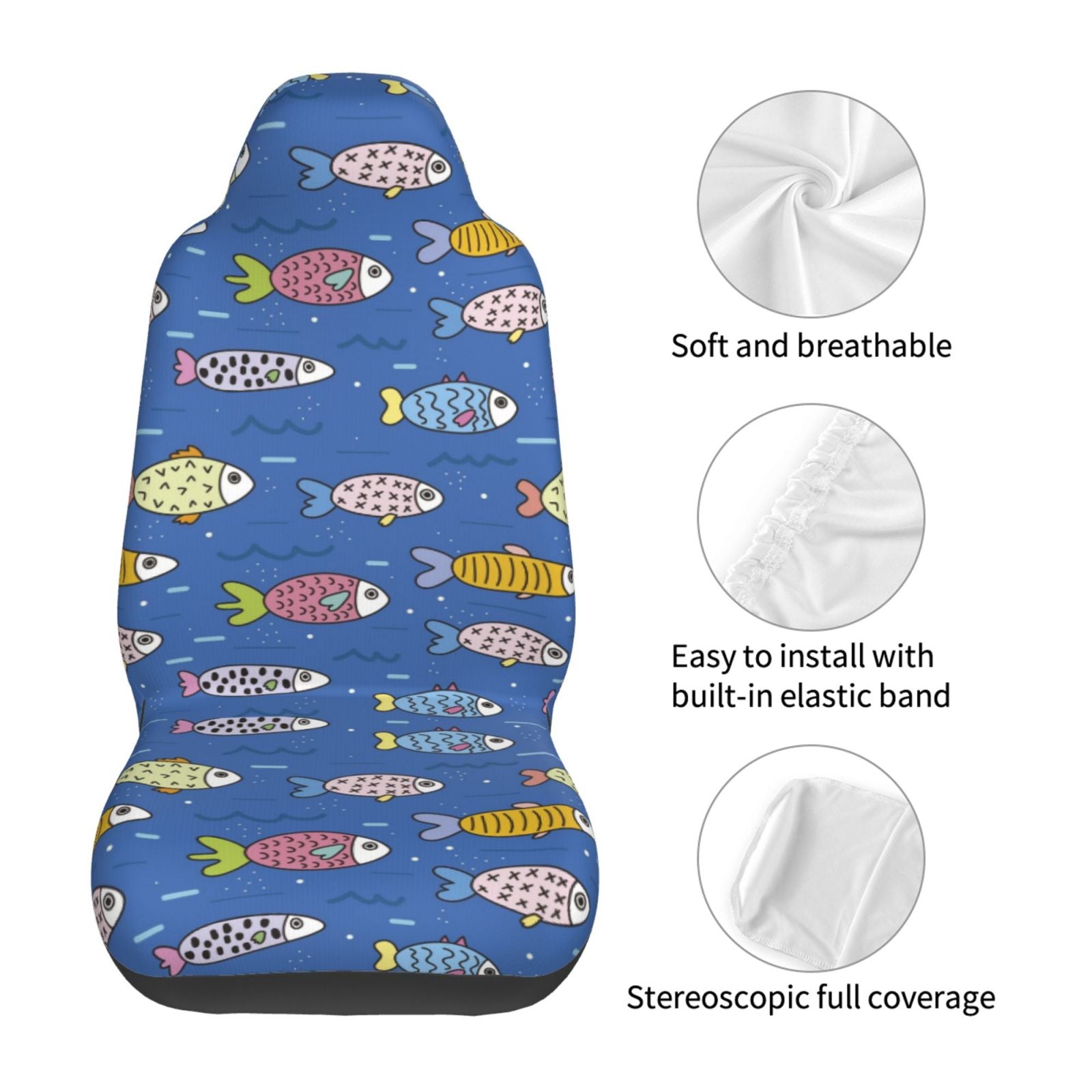 TEQUAN Front Seat Covers， Blue Sea Fish Pattern 2 Piece Car Seat Cover Fit Most Car SUV Truck Van