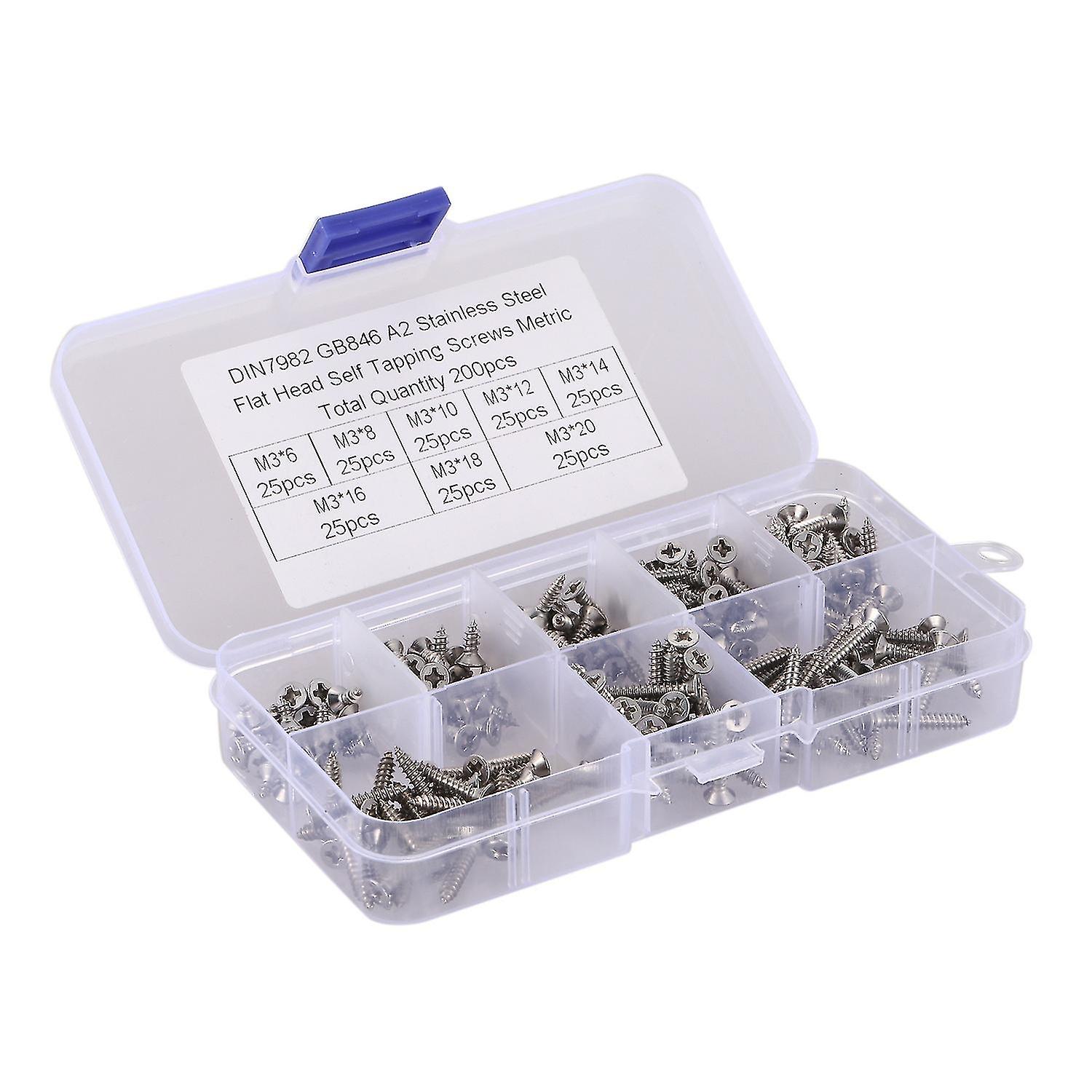 200pcs M3 Stainless Steel Flat Head Screws Kits High Strength Self-tapping Screws Assortment Set Fo