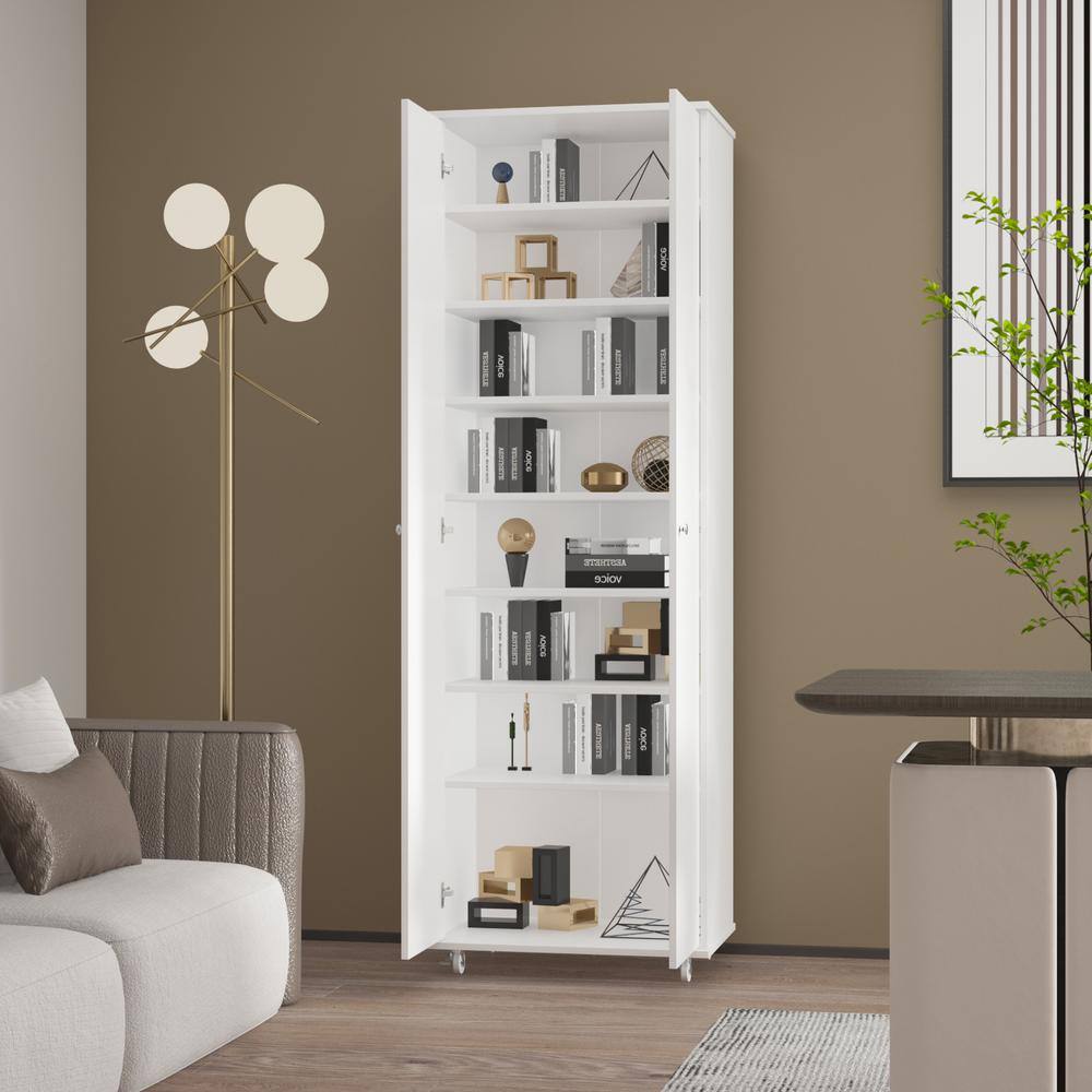 FUFUGAGA 70.9 in. H White Wood Bookcase Bookshelf with adjustable Shelves 2 door Cabinet and Wheels KF200174-01-KPL2