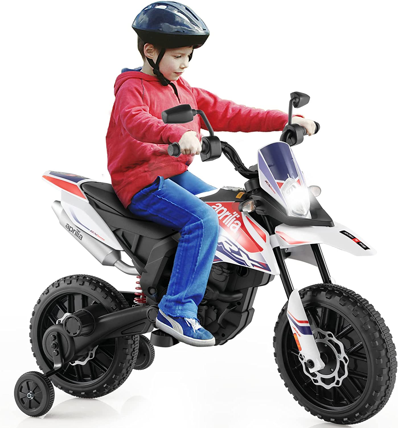 Costzon 12V Kids Motorcycle with Training Wheels, Licensed Aprilia Battery Powered Toddler Motorbike w/Light, Music