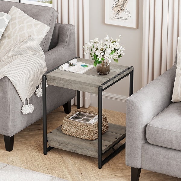 Farmhouse End Table， 19.6 Inch Sofa Side Table with 2-Tier Storage， Square End Table with Sturdy Frame