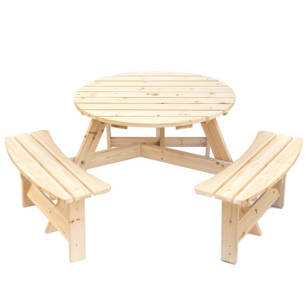 Gardenisedwooden Outdoor Round Picnic Table With Bench For Patio 6 Person With Umbrella Hole