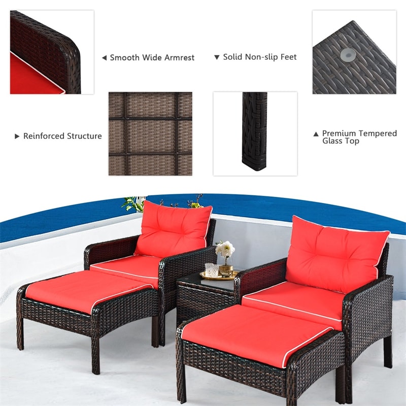 5 Pcs Rattan Patio Conversation Sets with Ottomans & Coffee Table, Wicker Outdoor Bistro Set