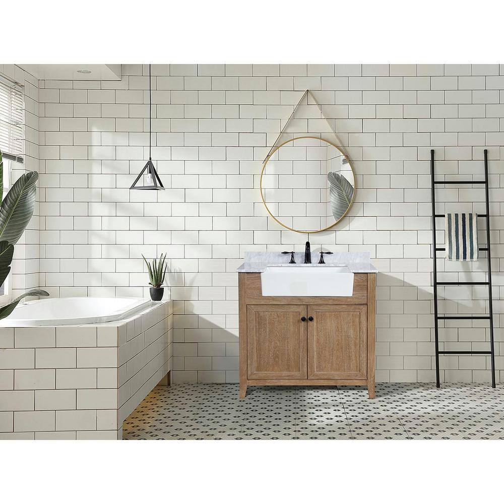 Ari Kitchen and Bath Sally 36 in. Single Bath Vanity in Ash Brown with Marble Vanity Top in Carrara White with Farmhouse Basin AKB-SALLY-36-ASHBR