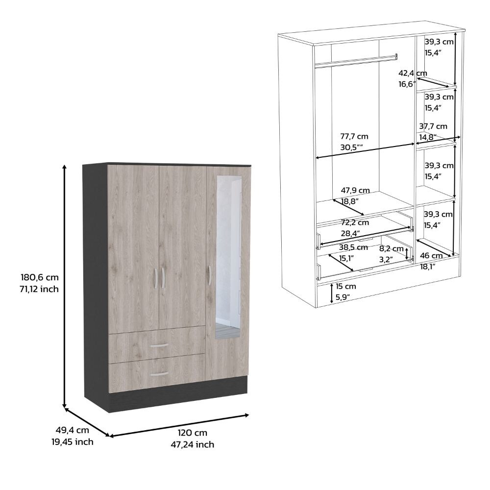 Gangi 120 Mirrored Armoire with 2 Cabinets  2 Drawers  Metal Rod  and 4 Shelves  Black / Light Gray