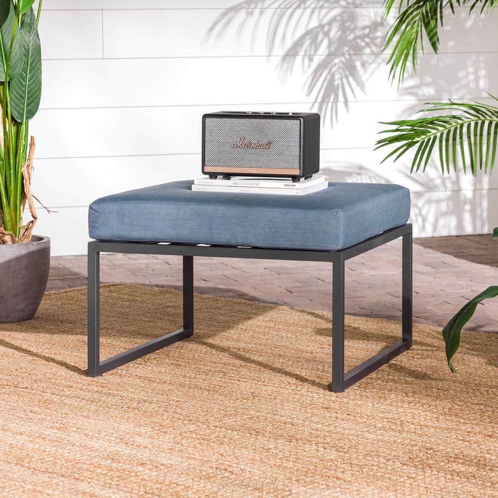 Welwick Designs Metal Modern Outdoor Patio Ottoman with Blue Cushion