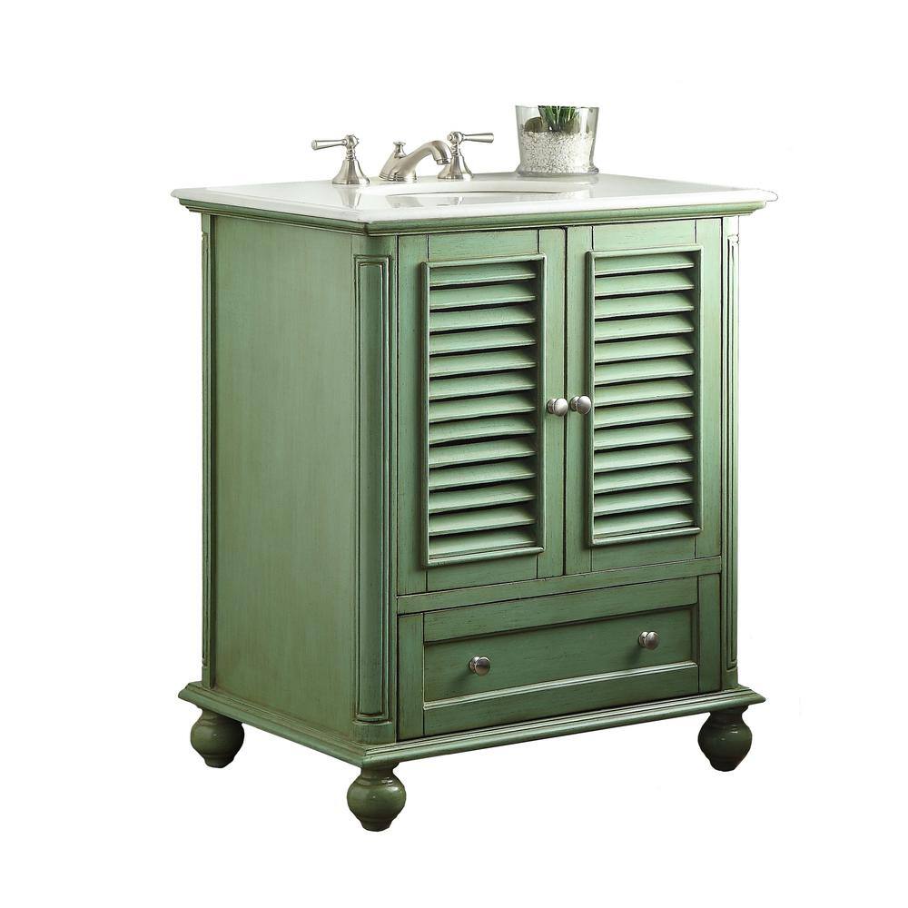 Benton Collection Keysville 30 in. W x 22 in D. x 36 in. H White marble Top in Green with White Under mount porcelain Sink Vanity GD-1087GN-BS