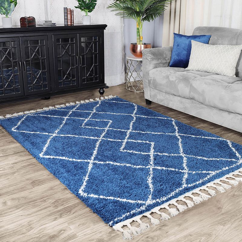 SUPERIOR Boho Geometric Diamonds Plush Shag Area Rug with Tassels