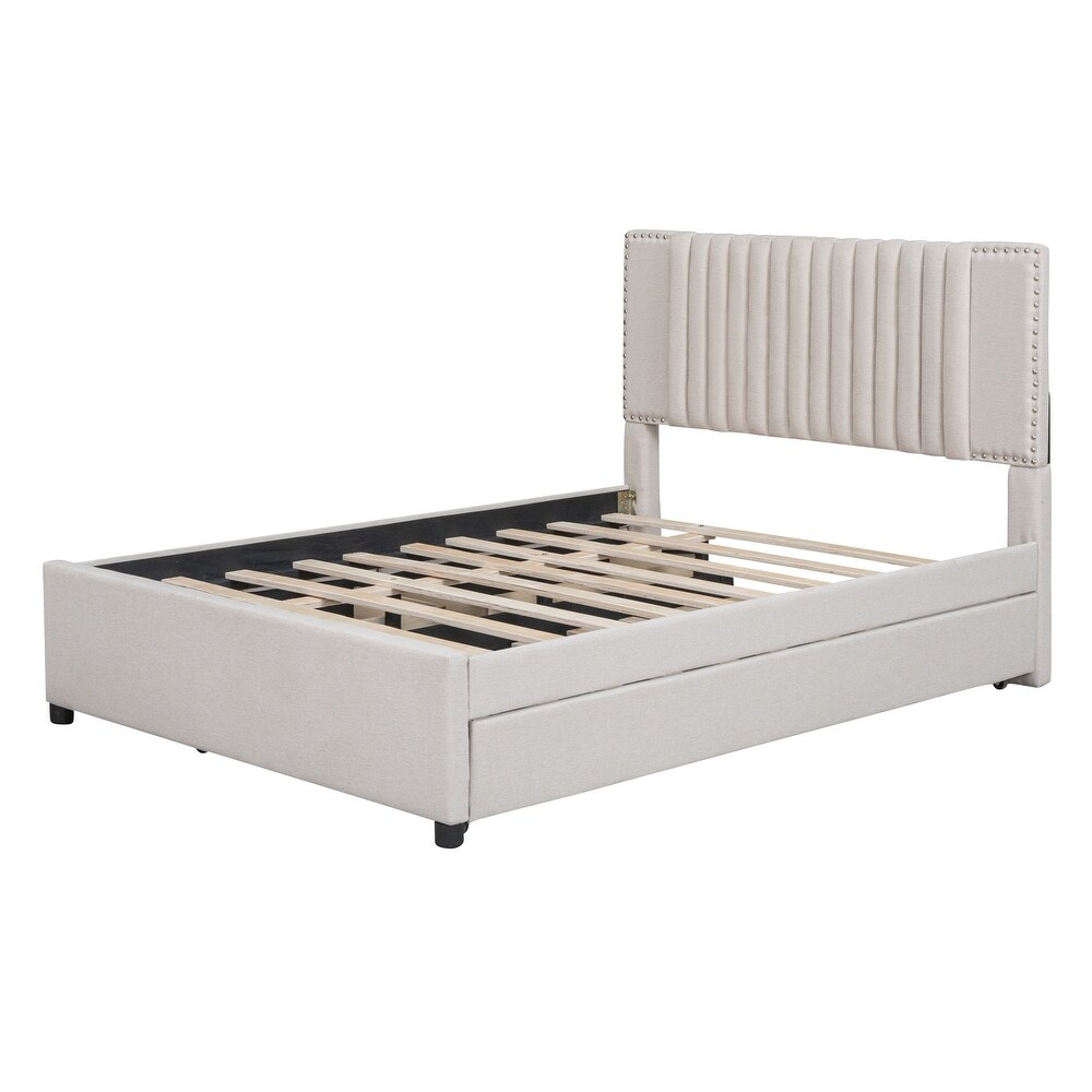 Platform Bed Wood Platform Bed Frame with Twin XL Trundle  Upholstered Bed with Headboard   2 Drawers for Apartment