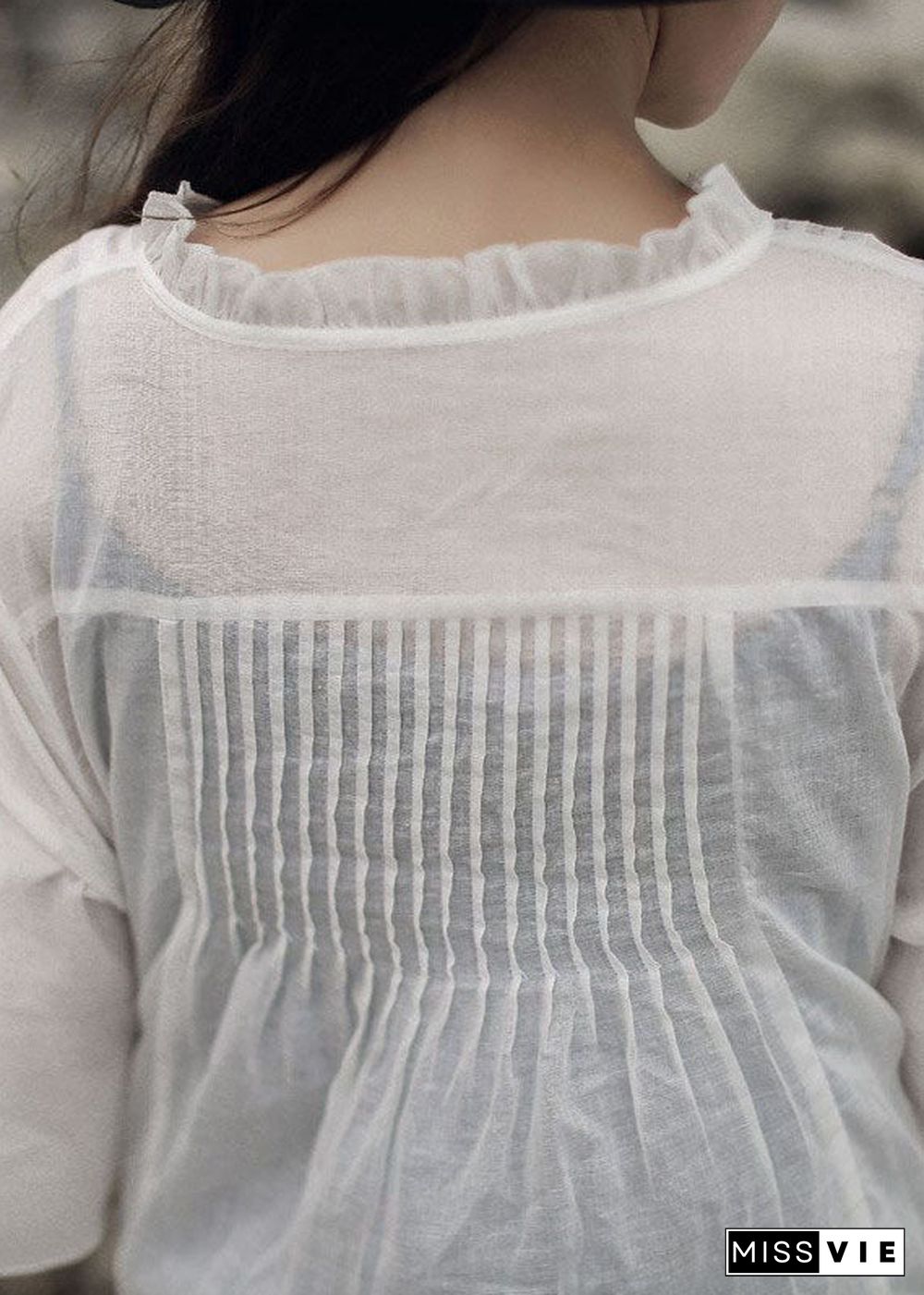 Art White Ruffled Solid Cotton Shirt Tops Three Quarter sleeve