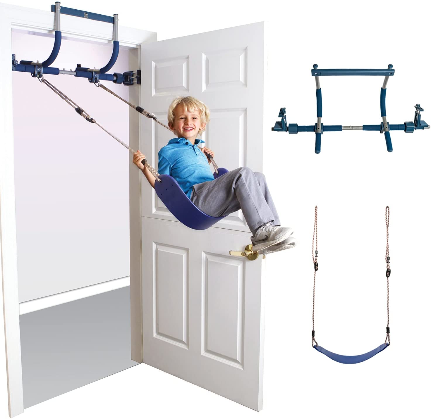 6 Piece Indoor Doorway Gym Set for Kids – Indoor Swing for Kids Includes Kids Swing Chair, Rings, Hanging Trapeze, Ladder, Swinging Rope & Pullup Bar