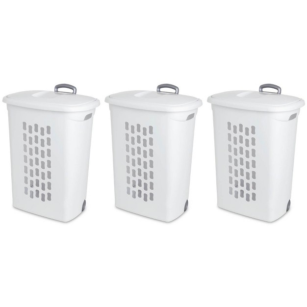 Sterilite Laundry Hamper Flip Top Lid Retractable Pull Handle Wheels