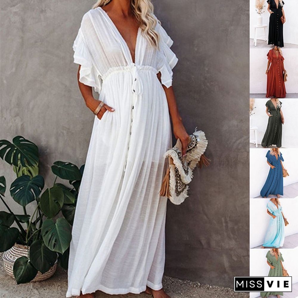 Woman Bohemian Boho Fashion Elegant Sexy V Neck Bikini Cover-ups Long White Tunic Casual Summer BeachDress Elegant Women BeachWear Swim Suit Cover Up Loose Maxi Pregnant Maternity Dresses Plus Size