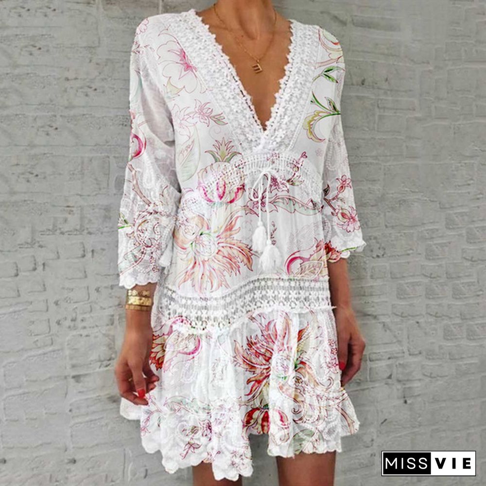 Women Fashion Floral Printed Dress Casual Beach Dress Summer V-Neck Lace Dress Sexy Party Dress 3/4 Sleeve Boho Dress