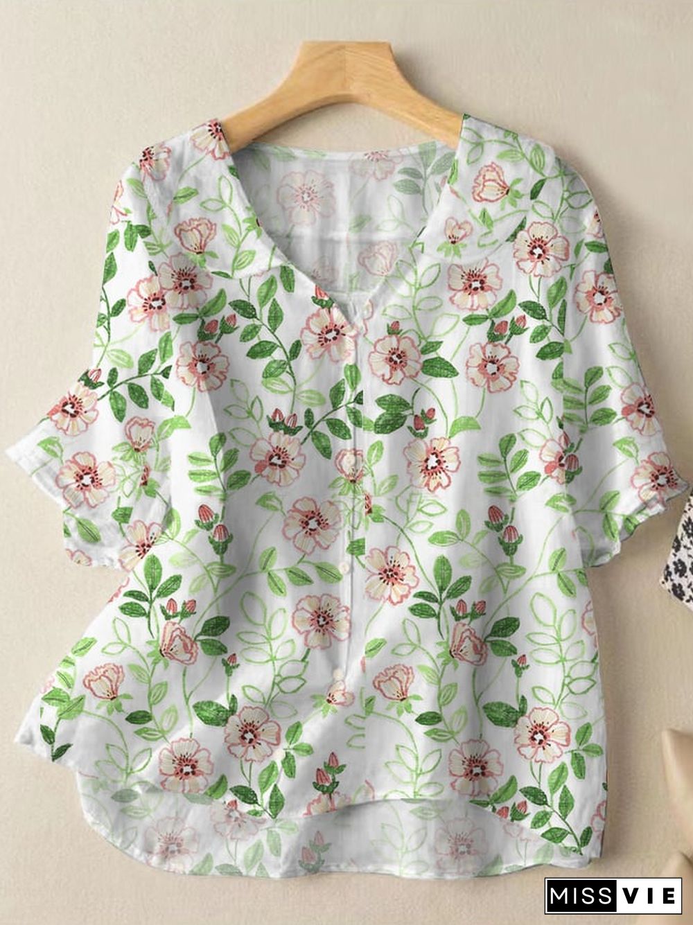 Women's Retro Floral Design Doll Neck Casual Shirt