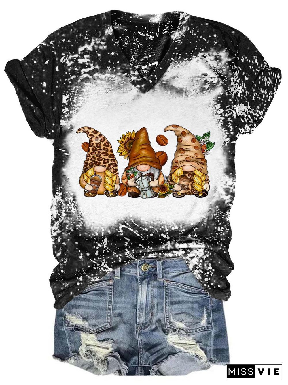 Sunflower Coffee Gnomes Tie Dye V Neck T-Shirt