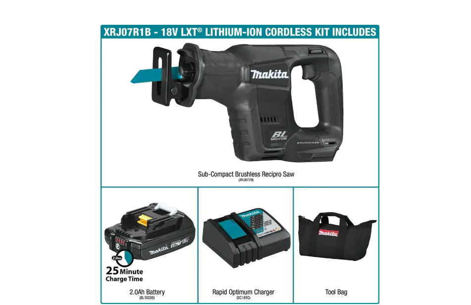 Makita XRJ07R1B 18-Volt LXT Sub-Compact Lithium-Ion Brushless Cordless Recipro Saw Kit (2.0 Ah)