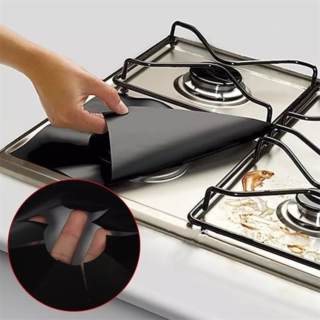 4pcs Reusable Gas Range Protector Gas Stove Burner Safe Non-Sticky and Easy to Clean Teflon Glass Fiber Black Protective Pad for Cleaning Kitchen Tools