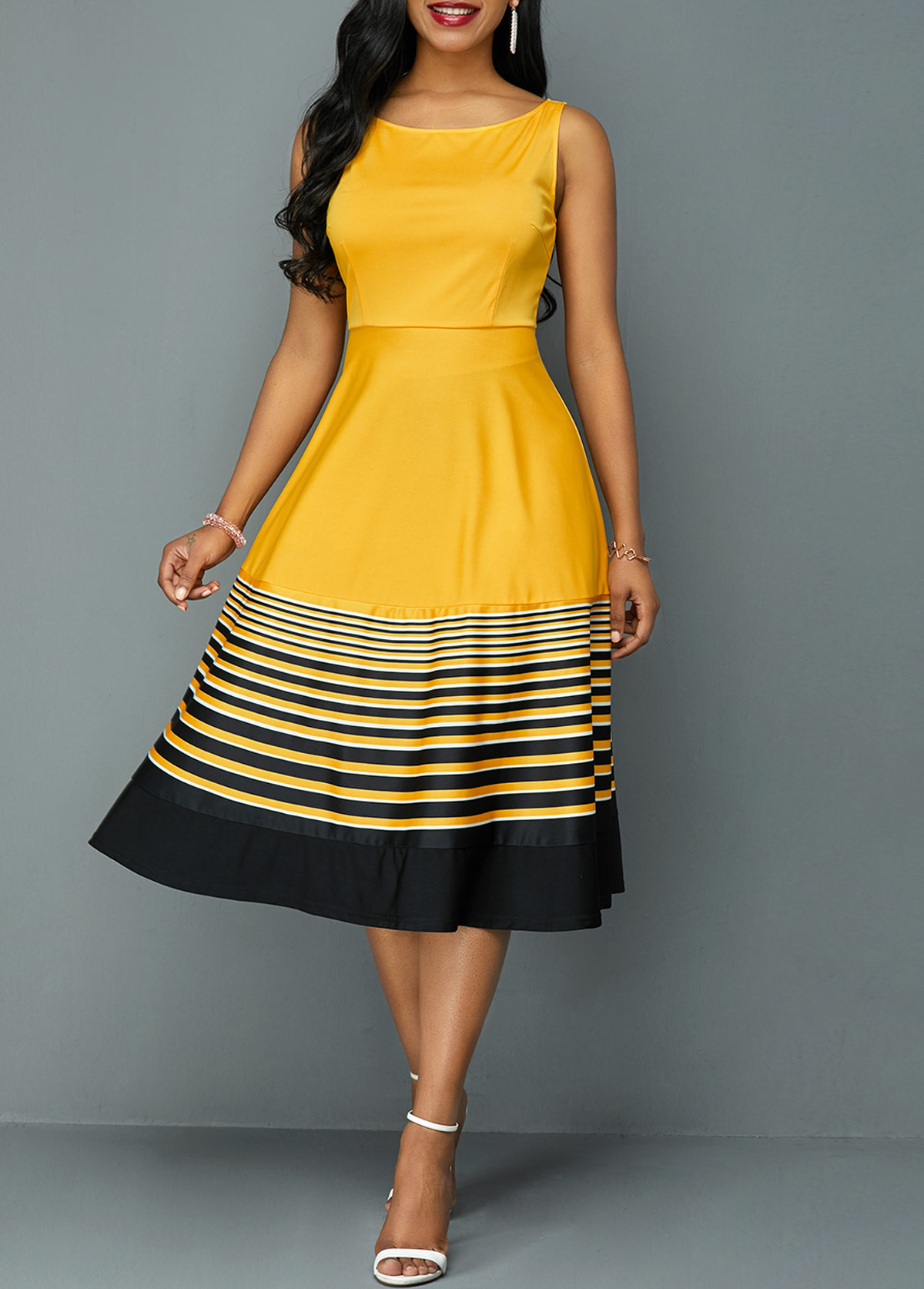 Round Neck Stripe Print High Waist Dress
