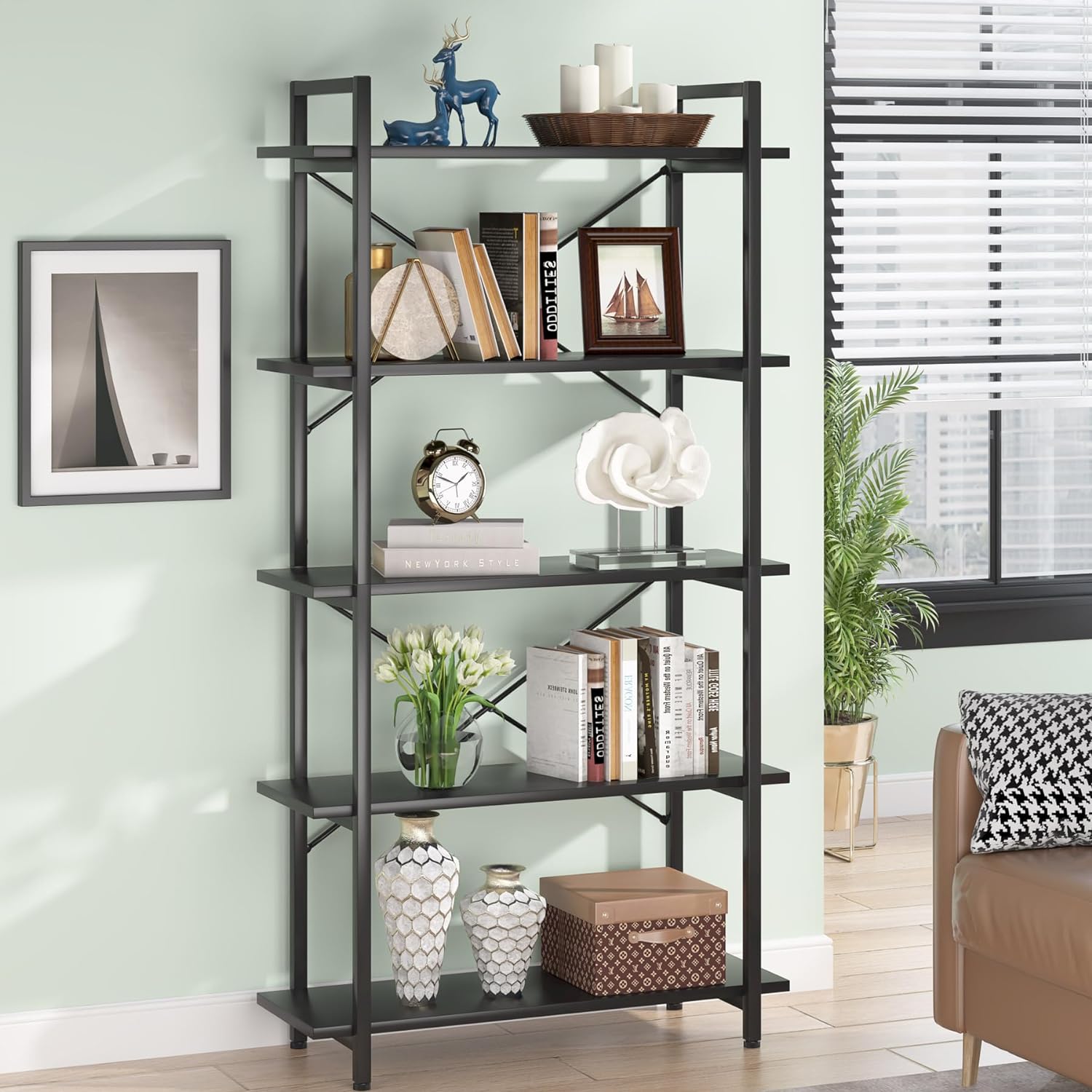 5-Tier Bookshelf, Industrial Etagere Bookcase Display Shelf Unit