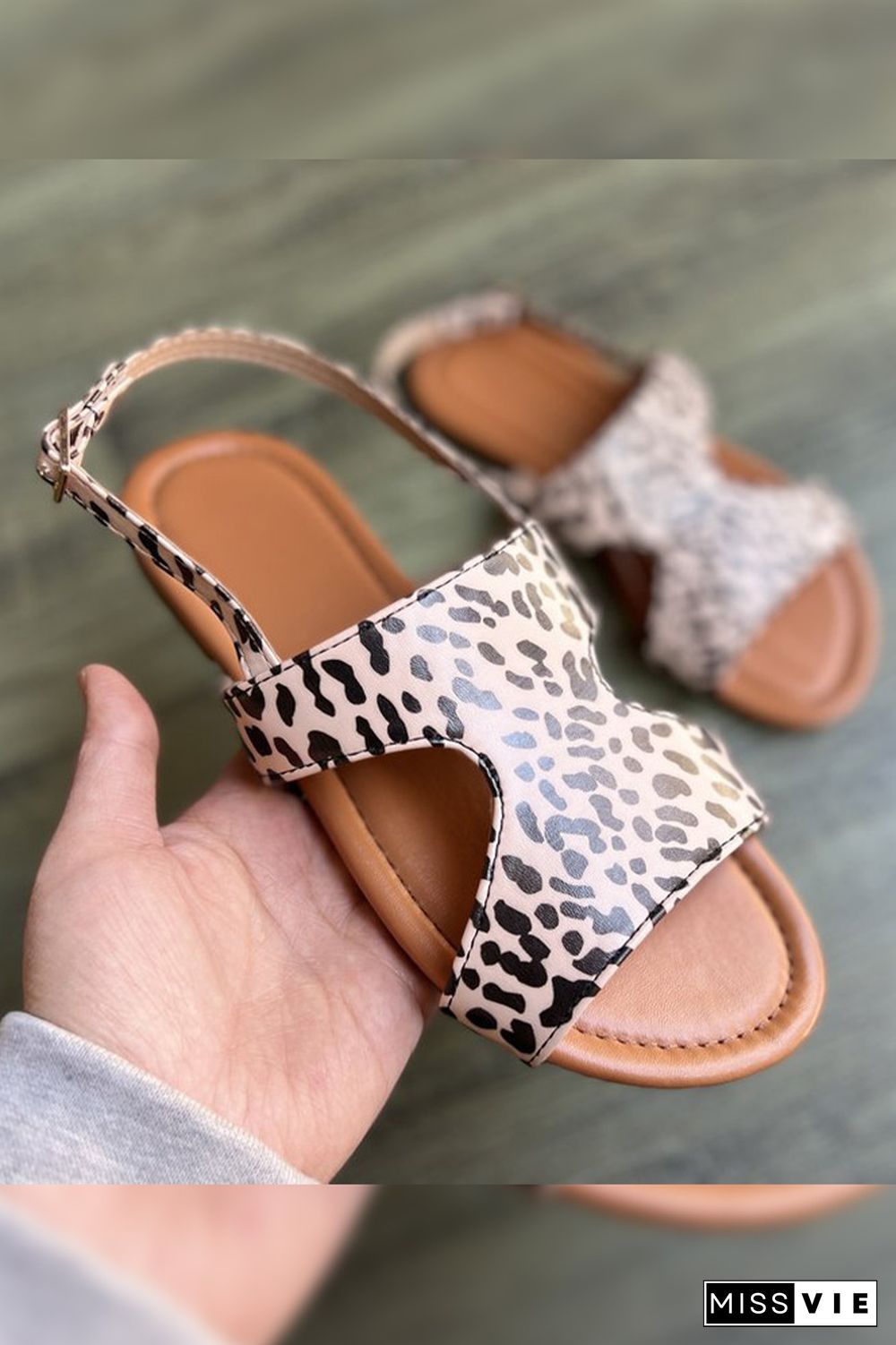 Open Toe Leopard PU Plat Sandals