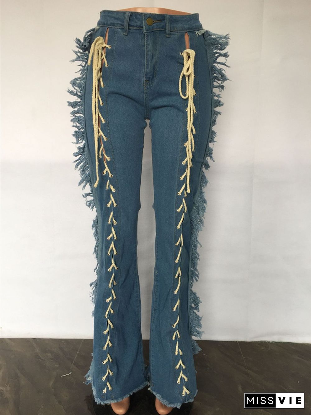 Chic Lace Up Hollow Out Tassel Side Flare Jeans