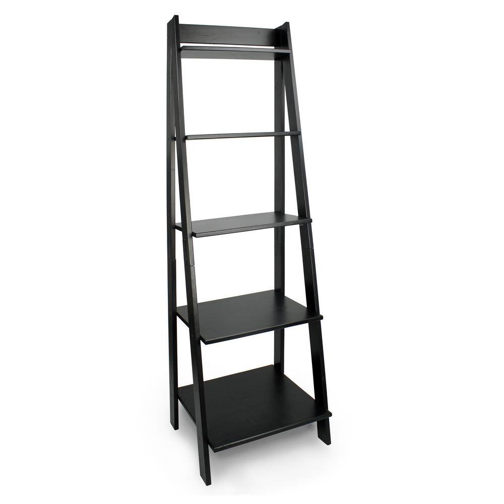 Adeptus 62.2 in. Black Wood 5-shelf Ladder Bookcase with Open Back 95078