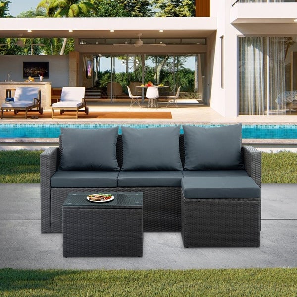 3 Pcs Outdoor Sectional Sofa， PE Rattan Couch Sofa Set with Ottoman， Cushions and Tempered Glass Desktop， Wicker Conversation Set - Overstock - 37952183