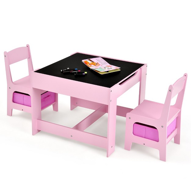 Costway 3 In 1 Kids Wood Table Chairs Set W Storage Box Blackboard Drawing Pink