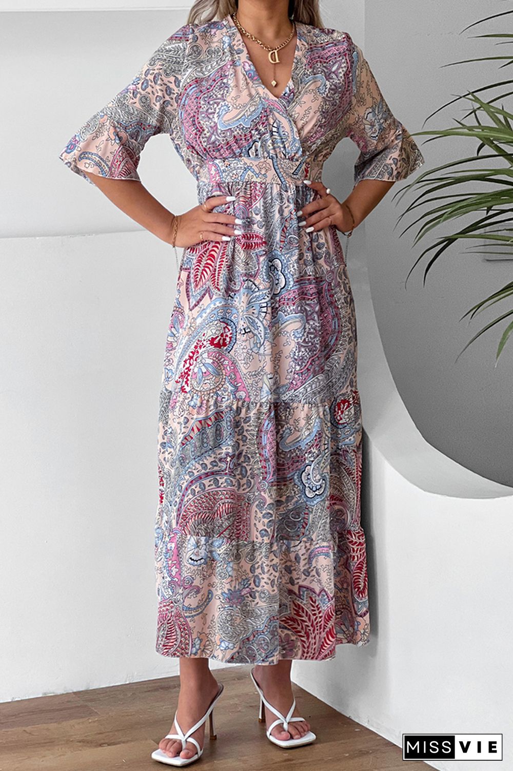 Paisley Floral Print Flare Sleeves Maxi Dress Wholesale