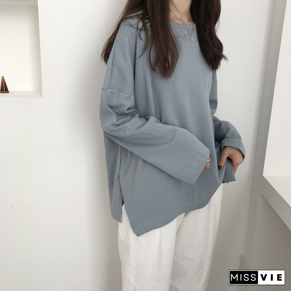 T-Shirts Long Sleeve Solid Tees O-Neck Slit Side Popular 2Xl Loose Lazy Daily All-Match Kpop Womens Ulzzang Ins Hipster Basic