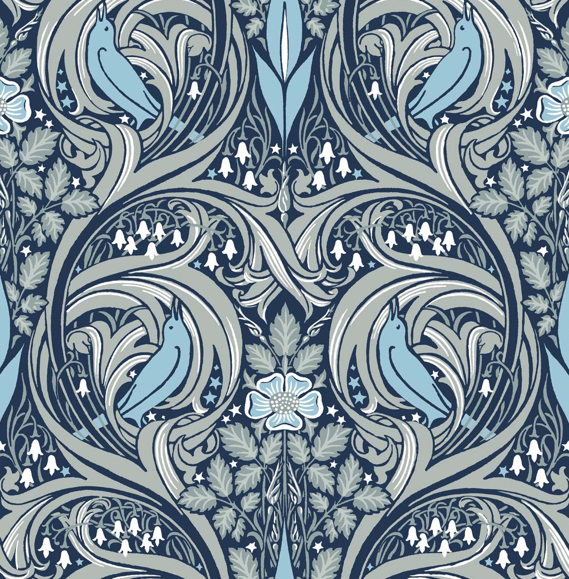 Sample Bird Ogee Prepasted Wallpaper in Navy & Sky Blue