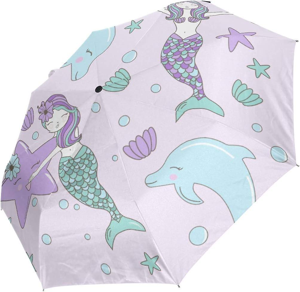 Travel Umbrella Automatic Windproof Foldable Umbrella Mermaids Sea Star Flowers