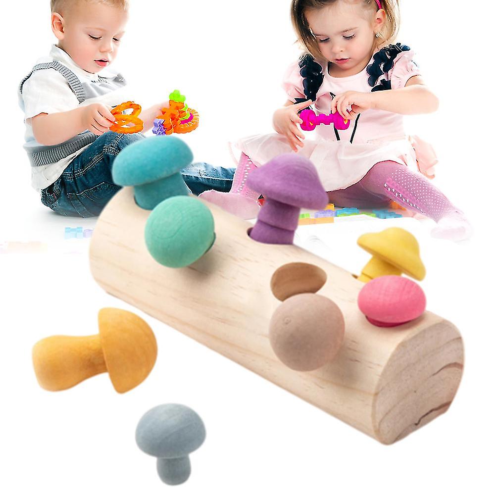 Wooden Rainbow Blocks Mushroom Picking Game Educational Toys Baby Matching Assembly Grasp Toys