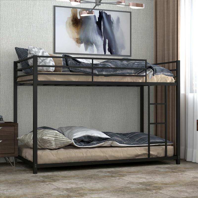 Metal Bunk Bed Twin Over Twin, Classic Bunk Bed Frame Platform with Side Ladder & Safety Guardrail