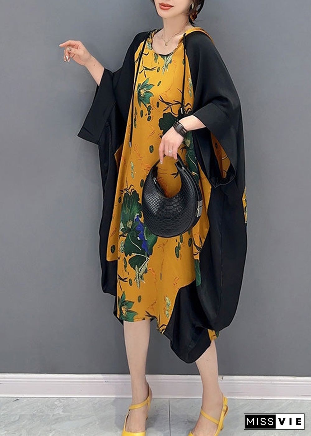 Boutique Yellow Neck Tie Print Party Hooded Long Dress Summer