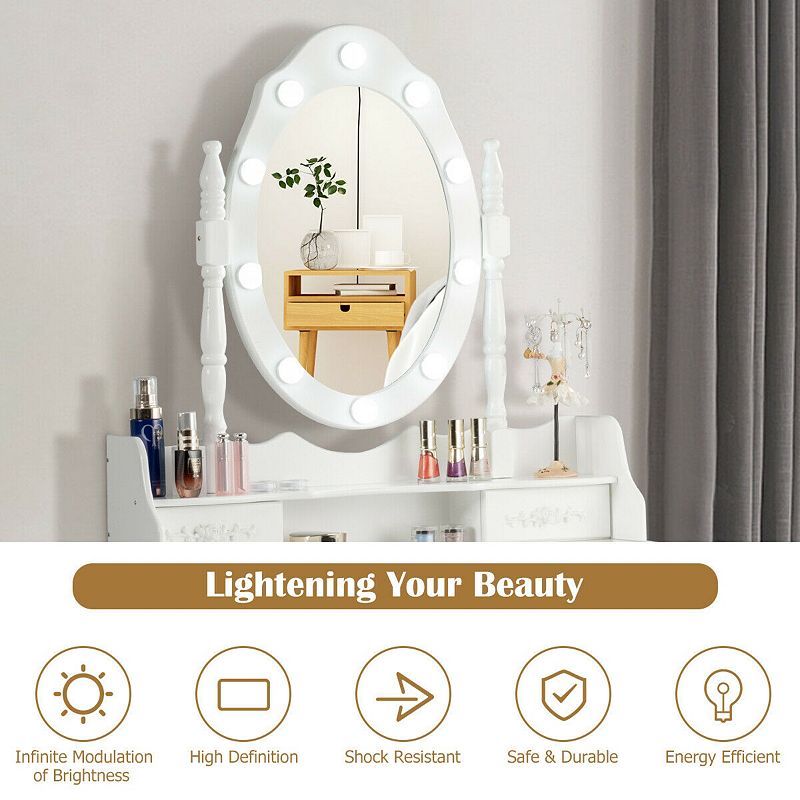 Makeup Vanity Dressing Table Set with Dimmable Bulbs Cushioned Stool