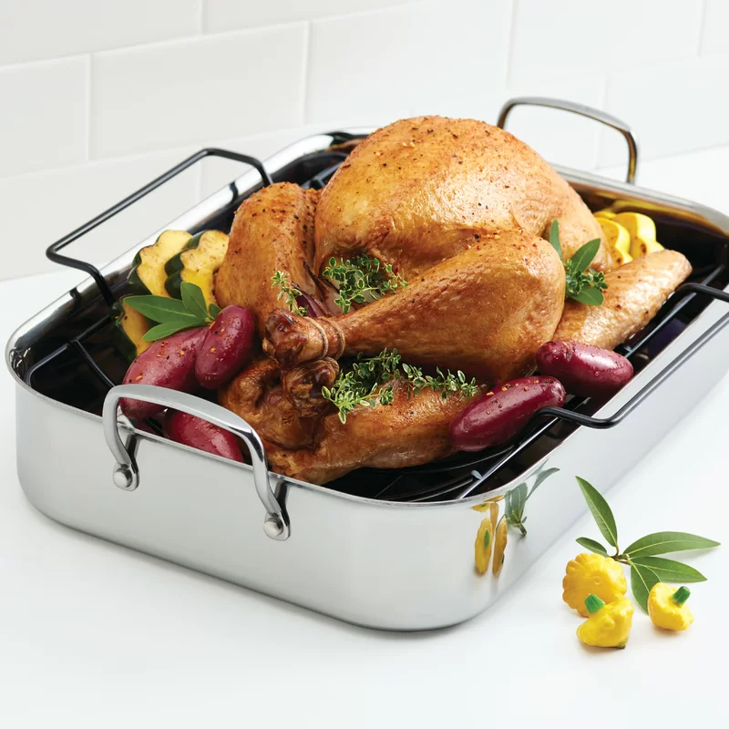 Anolon 30834 Triply Clad Stainless Steel Roaster / Roasting Pan with Rack - 17 Inch x 12.5 Inch， Silver