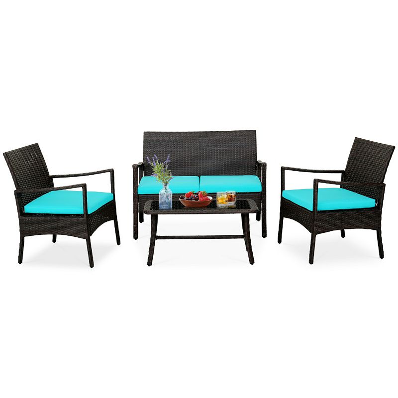 4 Pieces Outdoor Rattan Conversation Set with Tempered Glass Coffee Table