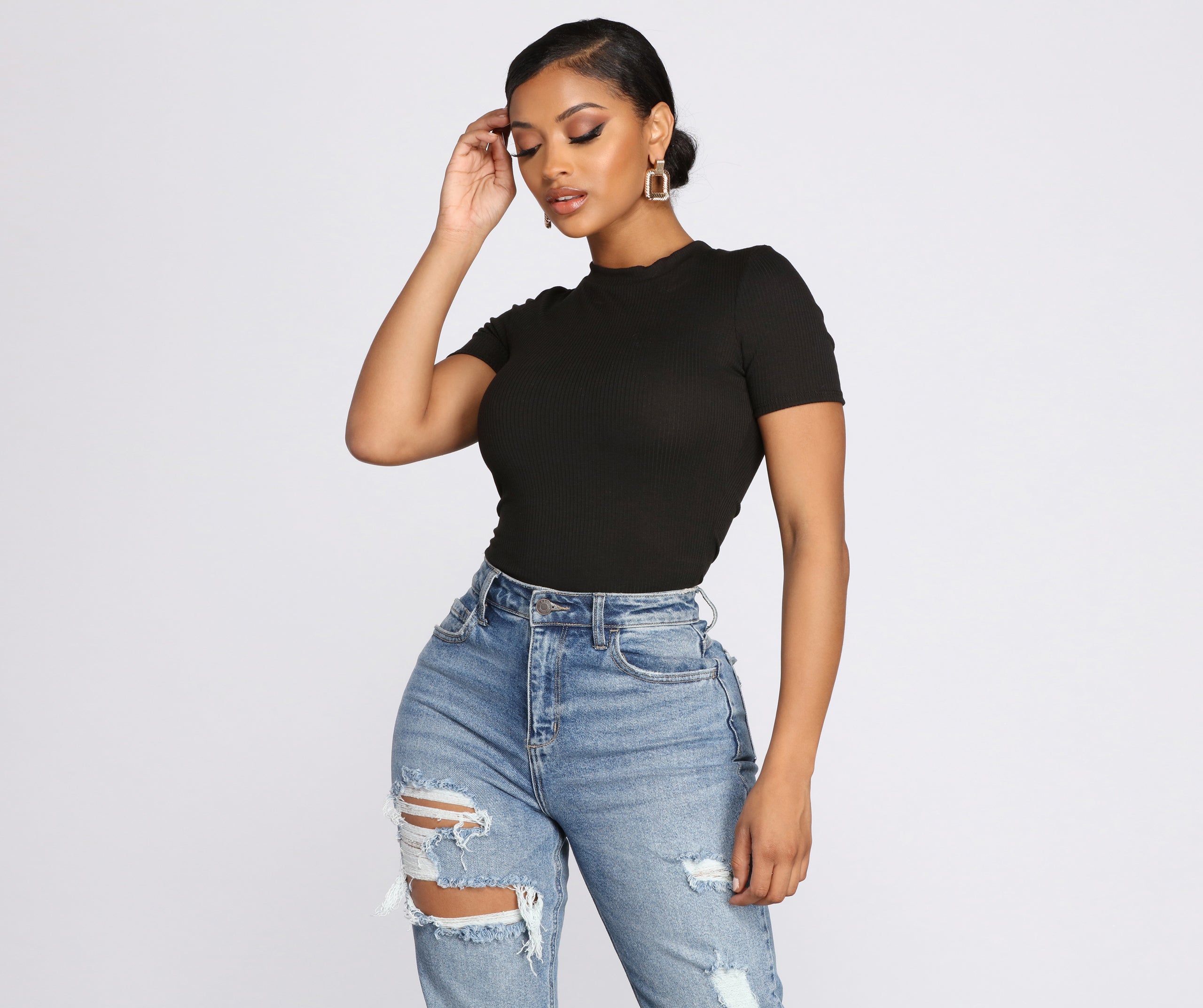 Ribbed Knit Basic Crew Neck Top