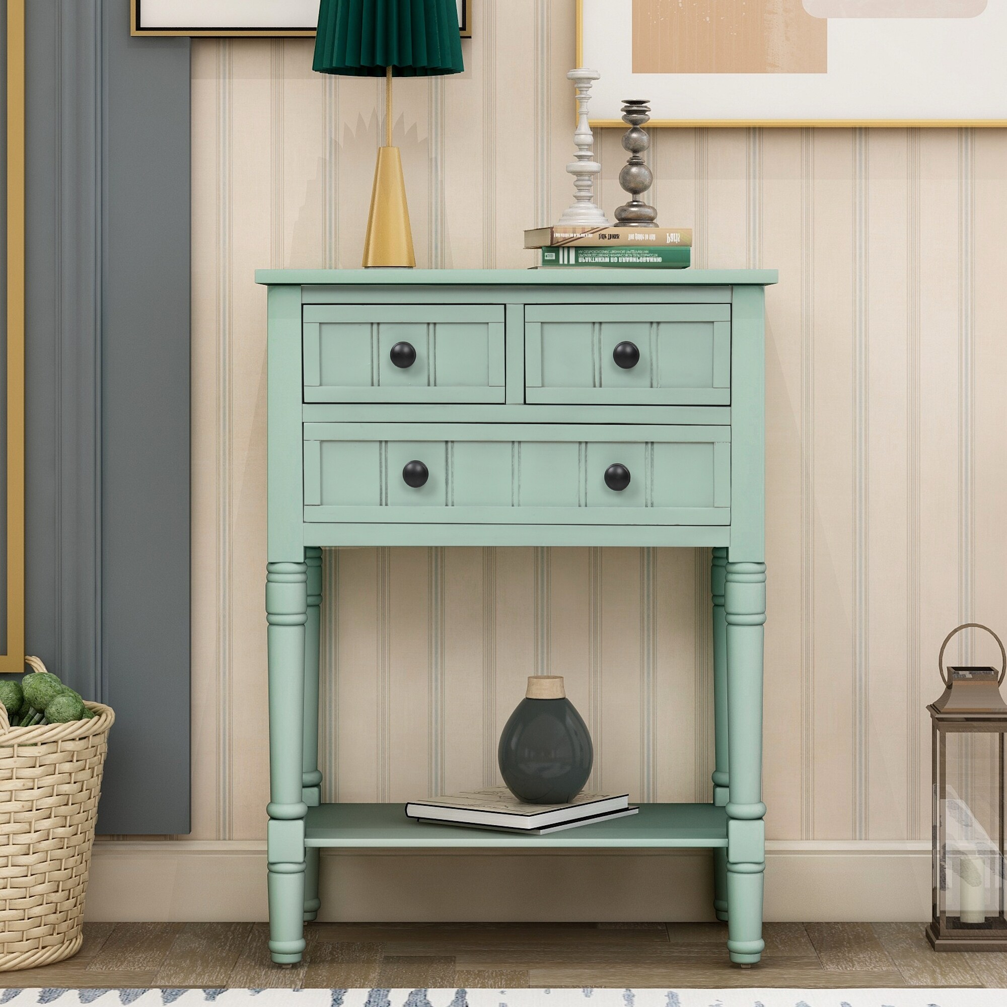 Console Table with Three Storage Drawers and Bottom Shelf for Living Room