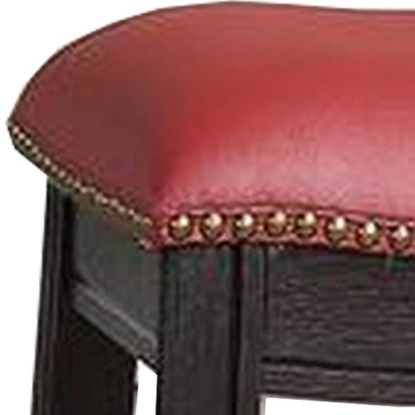 24 Inch Padded Counter Stool with Nailhead Trim， Set of 2， Brown and Red - 24 H x 13.8 W x 18 L