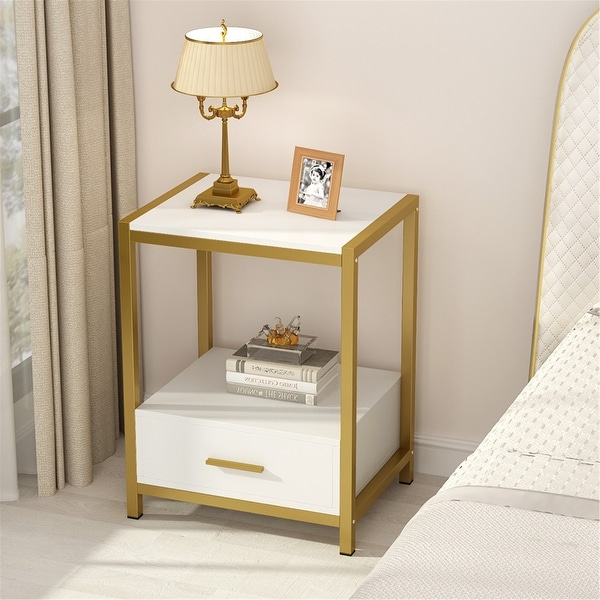 White and Gold Nightstand with Drawer and Storage Shelves