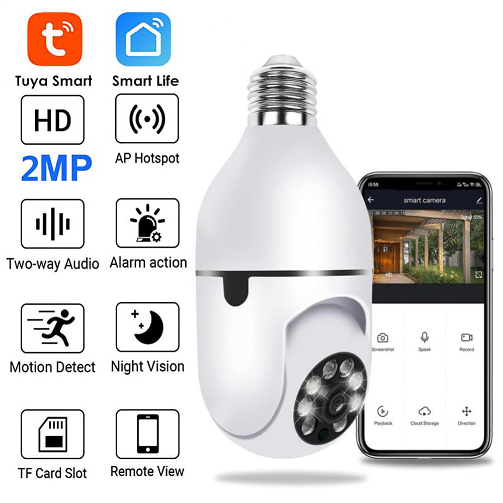 Bulb Camera， WiFi 360 Panoramic 1080P Security Camera with 2.4GHz WiFi 360 Degree Panoramic Viewing Wireless Home Surveillance Camera， Night Vision， Two Way Audio， Smart Motion Detection Tuya APP